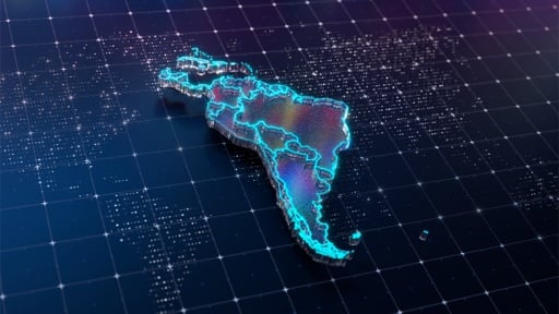 3D glowing blue map of South America on a digital grid background, representing technology and connectivity.