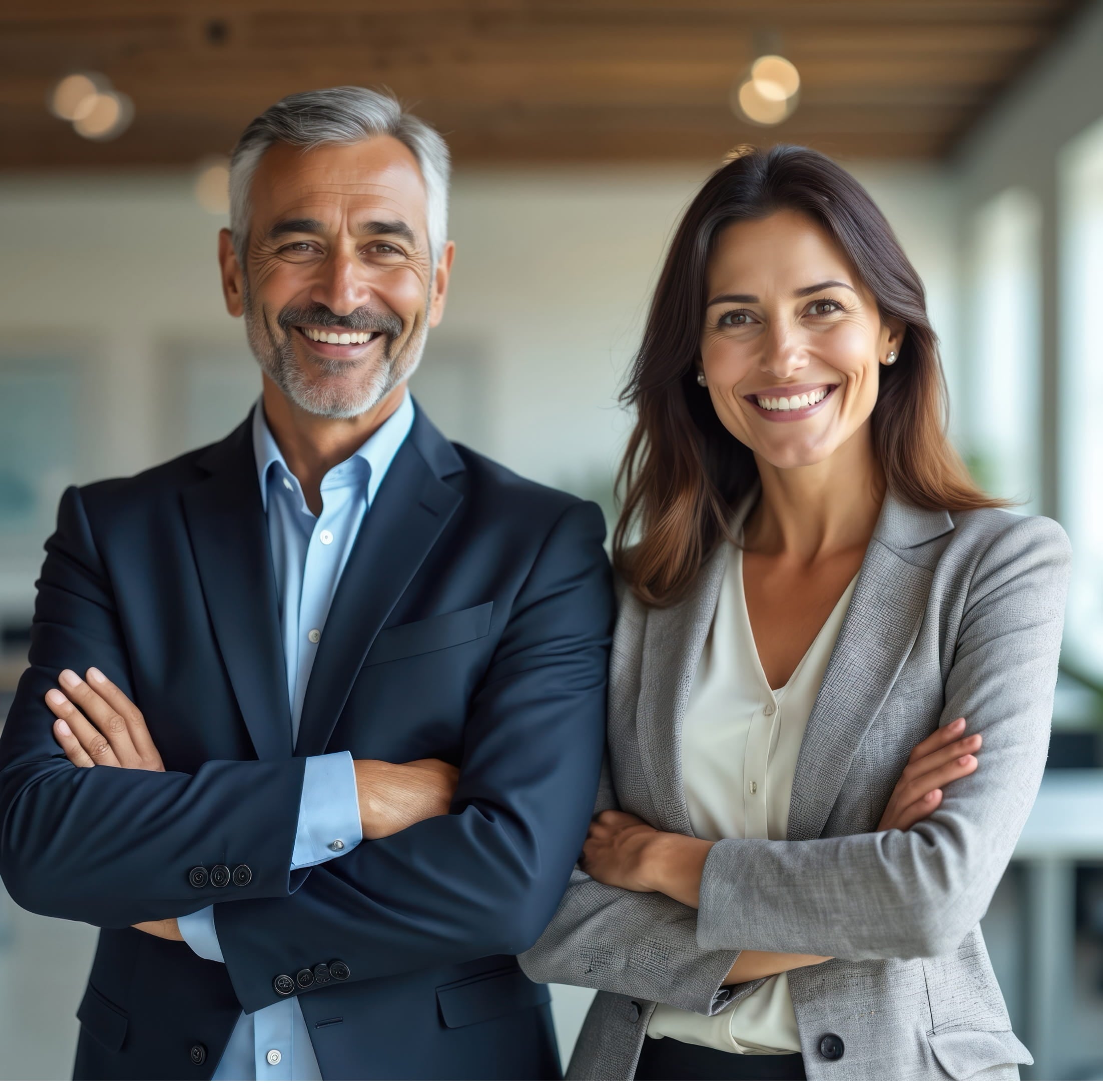 Smiling older man innavy suit with arms crossed stands beside a smiling woman in a gray blazer in a modern office.