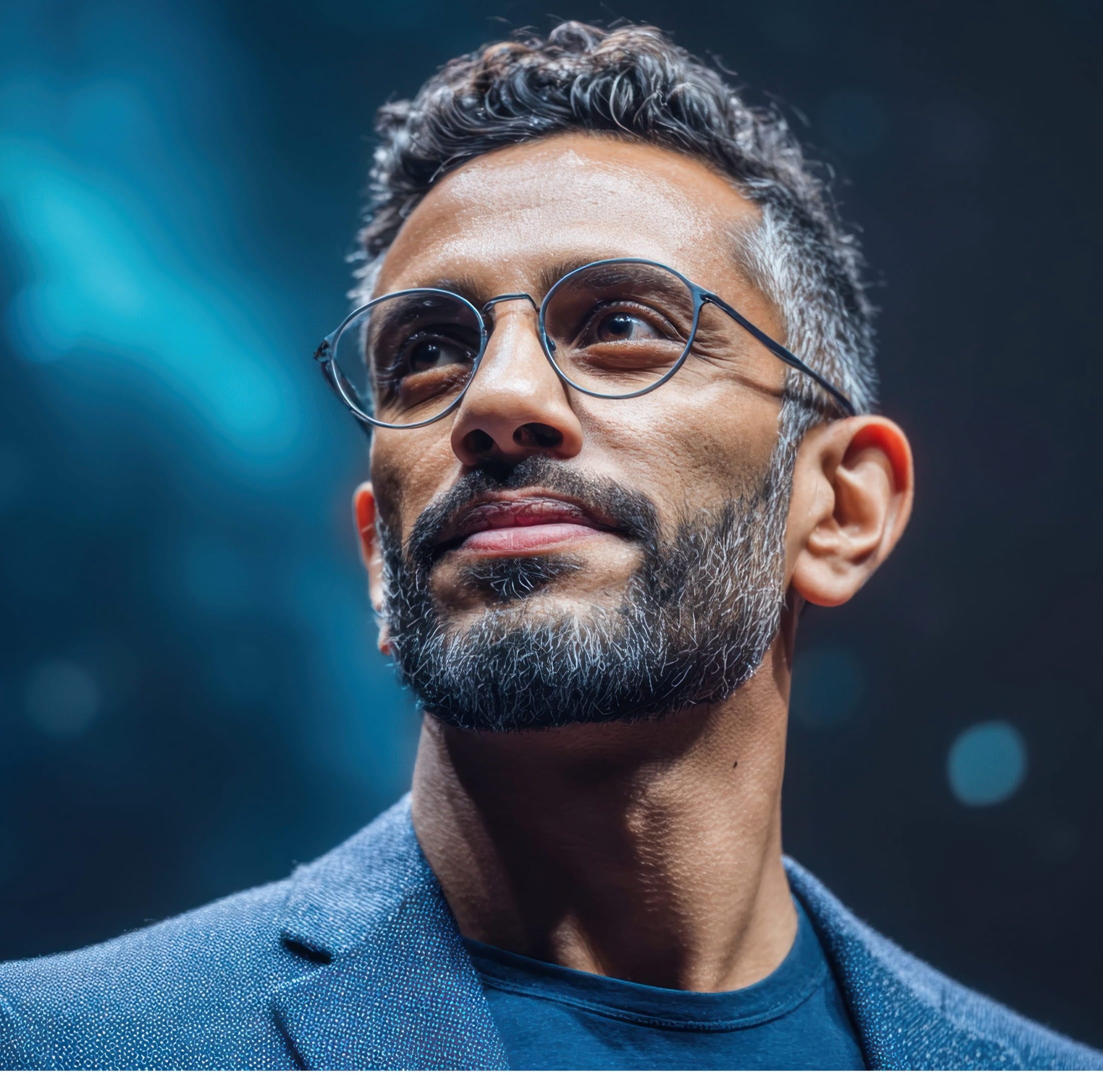 Close-up of a man with gray hair and beard, wearing glasses, looking up, in a blue blazer over a blue shirt.