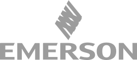 Gray diamond logo with stylized letters above the word EMERSON