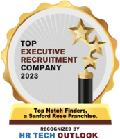 Gold executive recruitment company award 2023 with trophy and HR Tech Outlook recognition