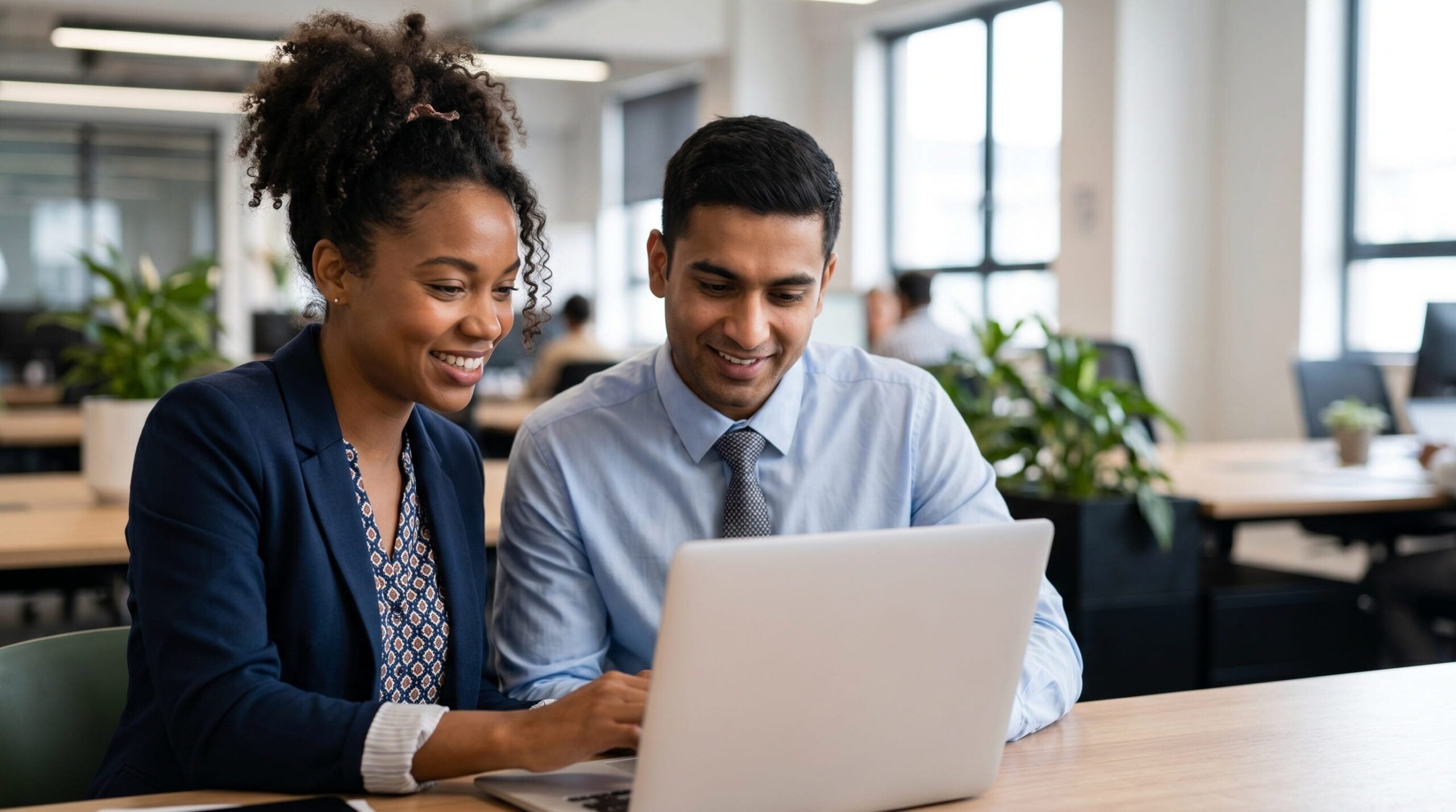 Two smiling business colleagues, a woman in blazer and a man in shirt and tie, collaborate on a laptop in a bright office