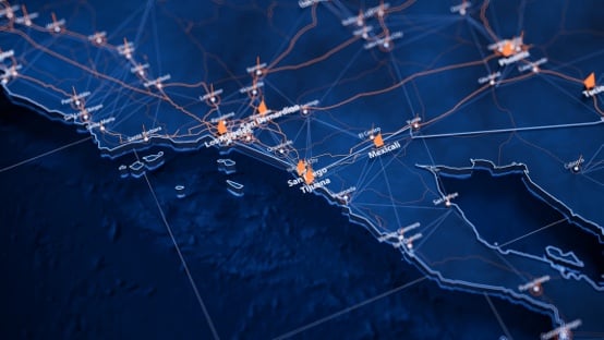 Digital map of Mexico showing transportation routes and key cities like Tijuana, Mexicali, and Los Cabos with orange markers