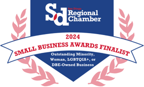 2024 Business Awards Finalist badge from San Diego Chamber honoring Outstanding Minority Woman, LGBTQIA+ or DBE-Owned Busines