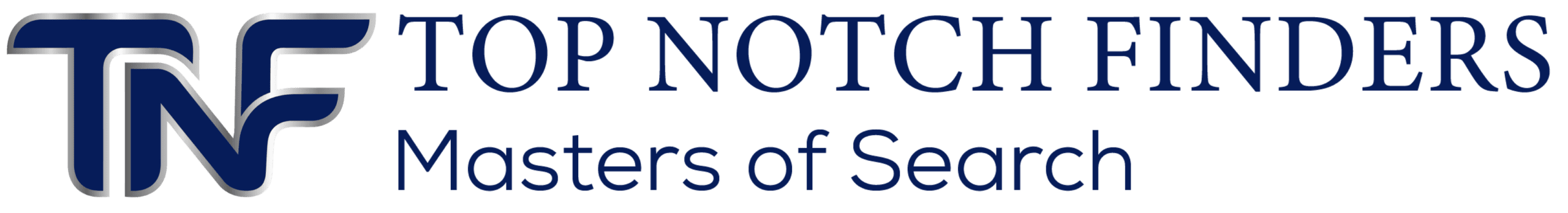 TopNotch Finders logo with stylized TNF letters, navy and silver, plus 'TOP NOTCH FINDERS' and 'Masters of Search' on green.