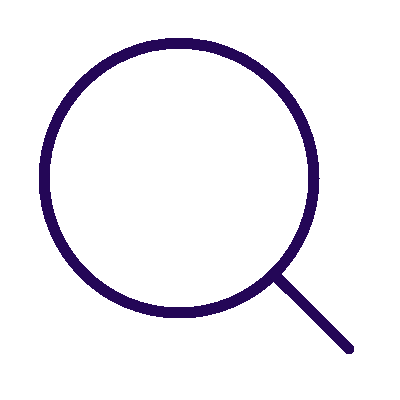 Purple outline magnifying glassicon with white highlight on black background, representing search or inspection.
