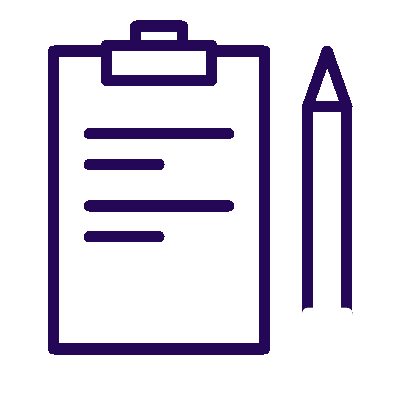 Purple clipboard with lines and question mark next to a purple pencil icon