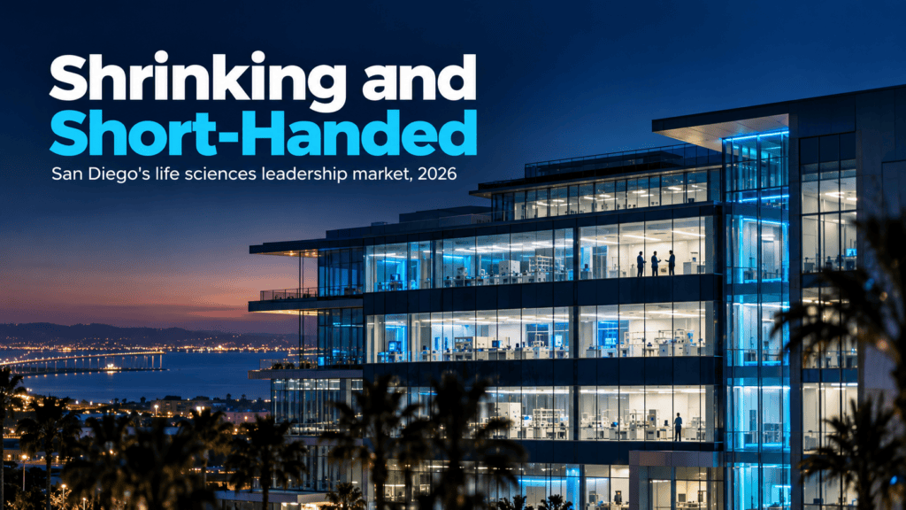 Glass biotech research building at dusk on the San Diego coast with the headline Shrinking and Short-Handed